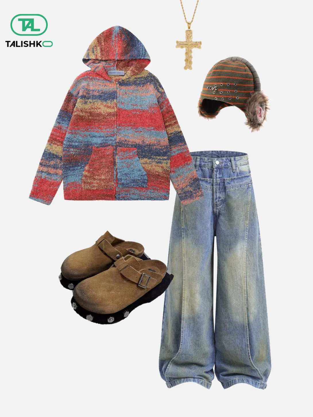 Colorful fall outfit featuring TALISHKO’s cozy hoodie, patchwork jeans, and accessories.