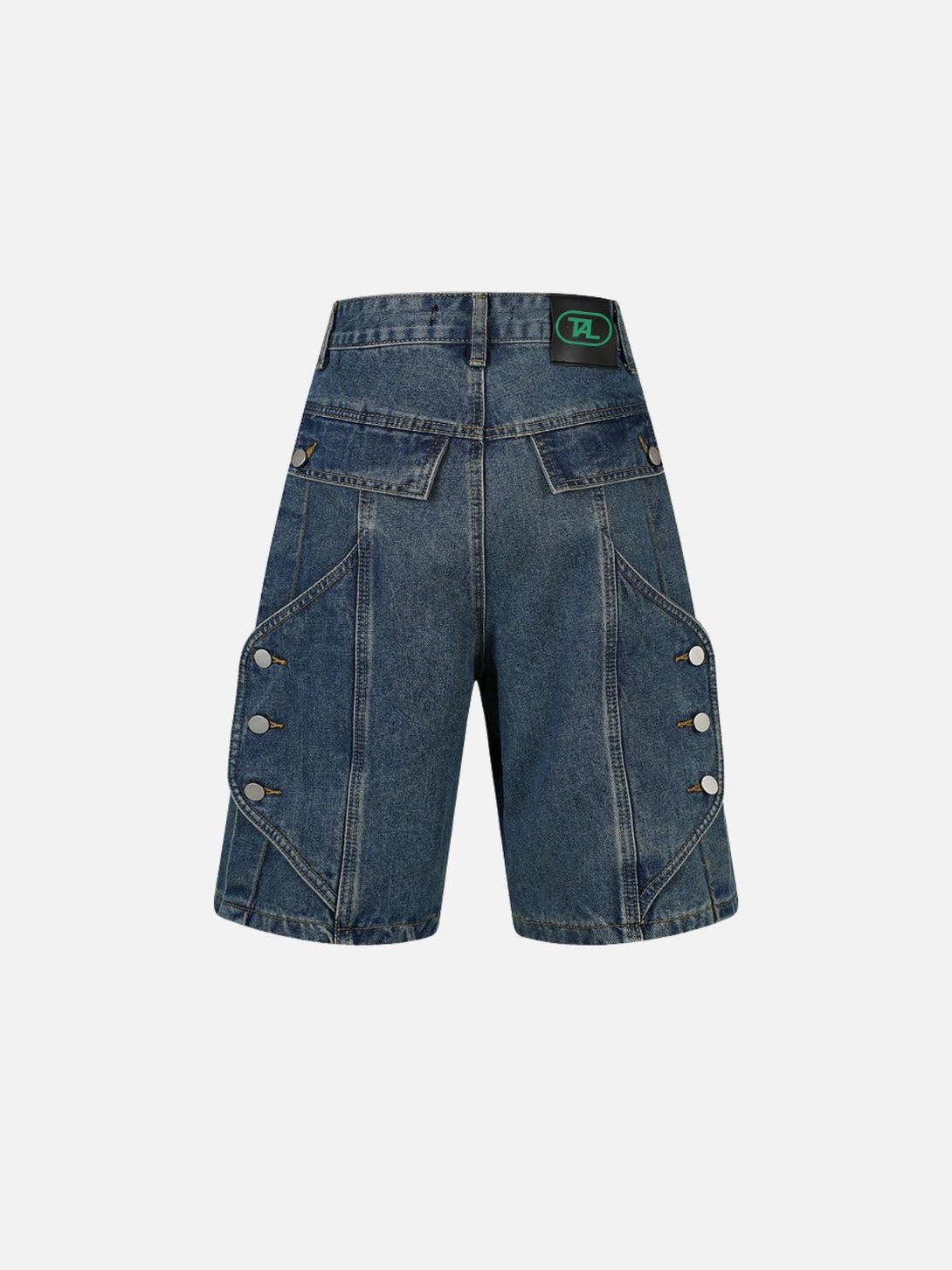 Back view of TALISHKO deconstructive patchwork jorts with stylish button details.