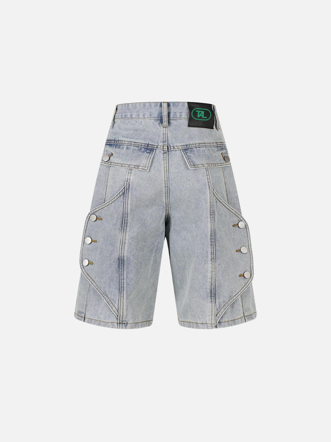 Rear view of TALISHKO deconstructive patchwork jorts, featuring stylish button accents.