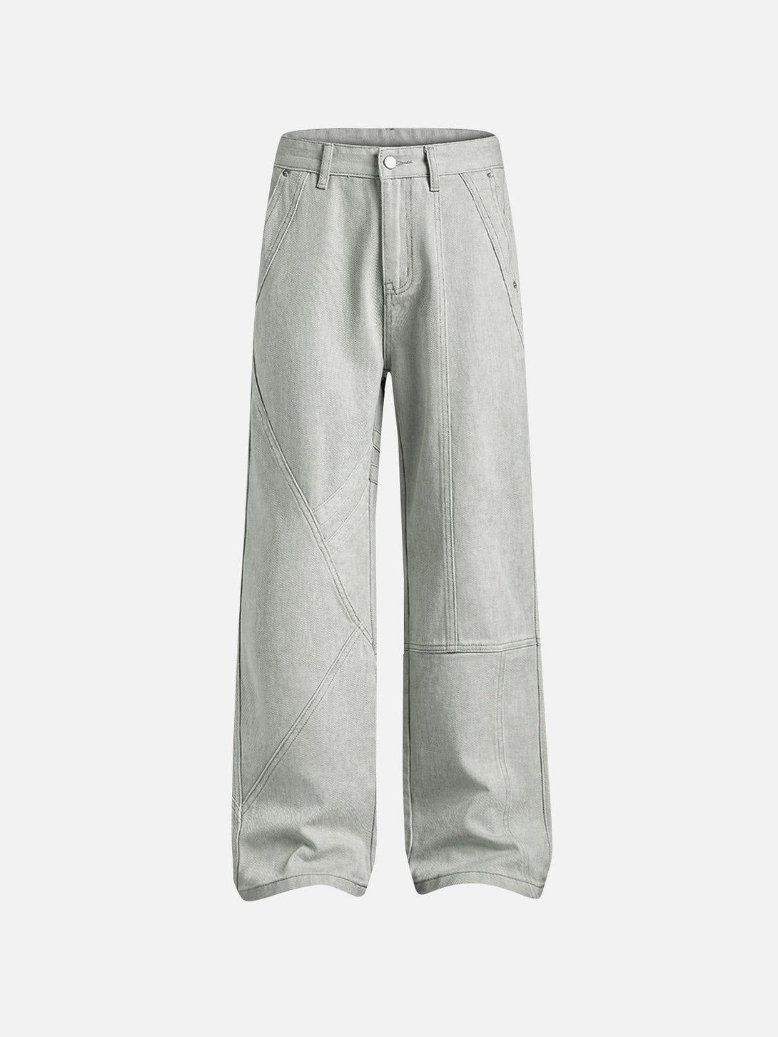 Wide-leg TALISHKO deconstructive patchwork jeans in gray, showcasing intricate seam details.