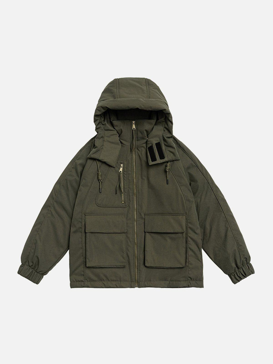 A versatile winter coat with detachable hood and patch pockets by TALISHKO, front view.
