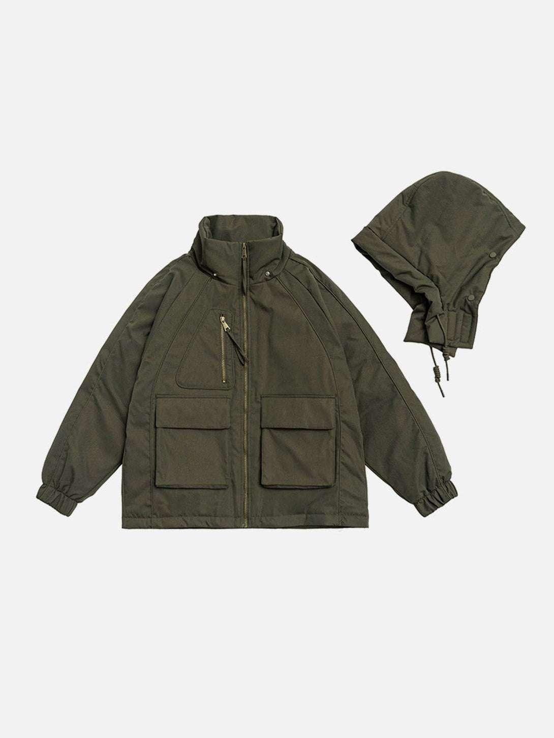Olive green winter coat with detachable hood by TALISHKO, showcasing front patch pockets.