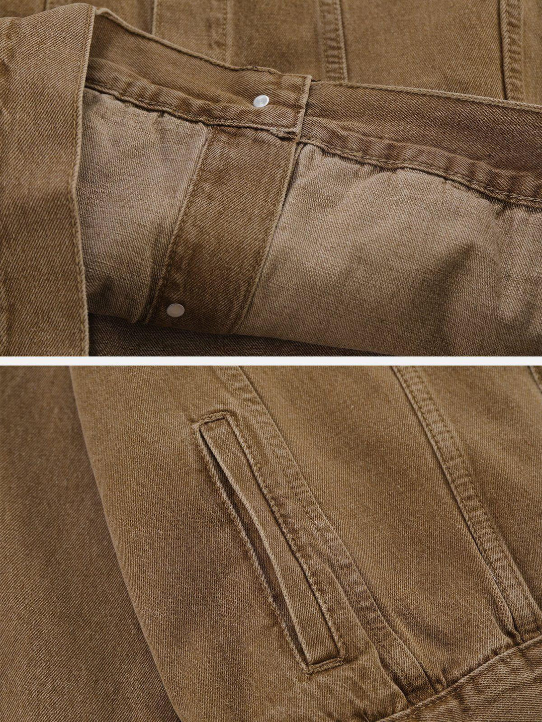 Detailed fabric and stitching of TALISHKO's brown denim jacket, highlighting pocket design.