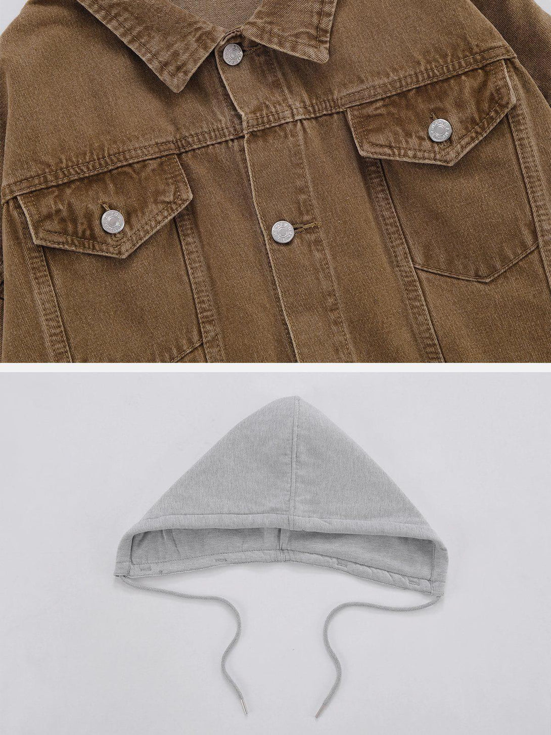 Detailed look at TALISHKO's denim jacket pocket and detachable gray hood, showcasing versatility.