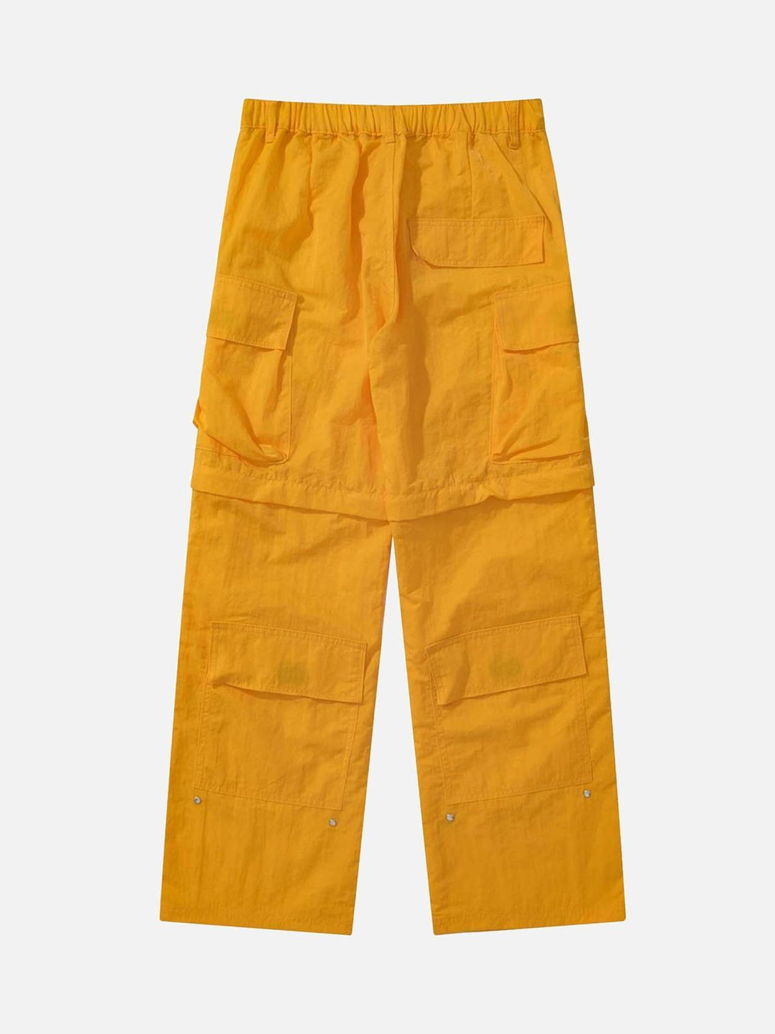 Yellow detachable multi-pocket work pants by TALISHKO, shown from the front, offering versatile style.