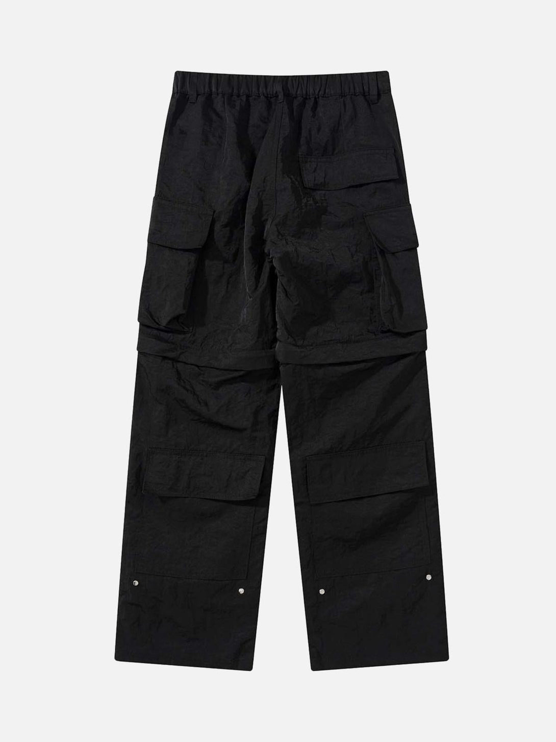 Back view of black detachable multi-pocket work pants by TALISHKO, emphasizing practicality.