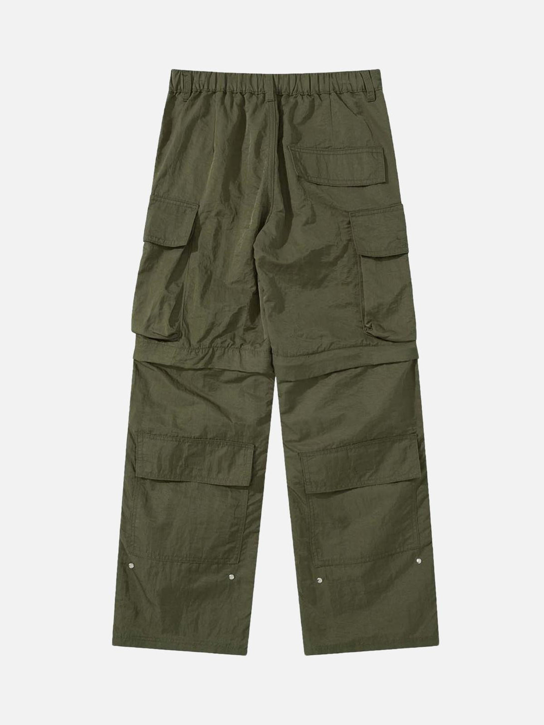 Rear view of olive green detachable multi-pocket work pants by TALISHKO, emphasizing utility.