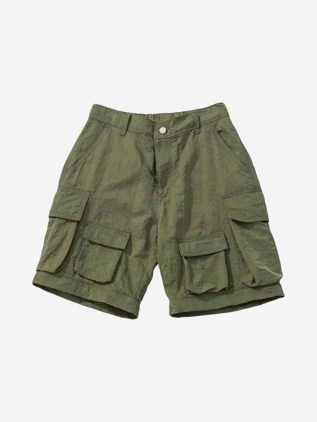 Olive green shorts with multiple pockets by TALISHKO, showcasing practical design.