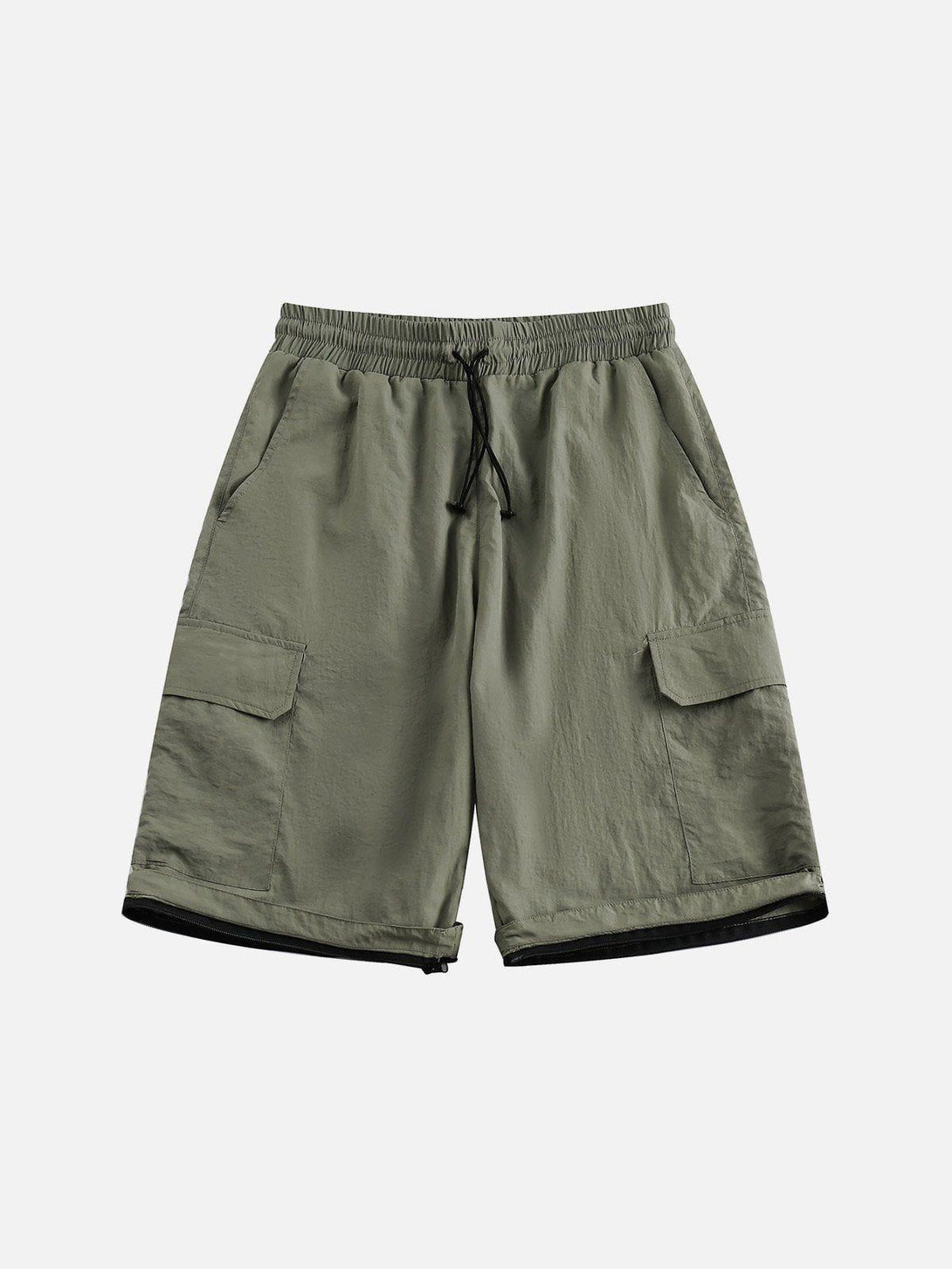 Front view of TALISHKO green shorts with cargo pockets and a comfortable elastic waist.