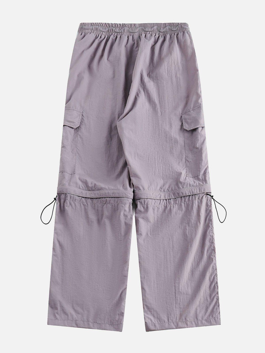 Back view of TALISHKO detachable sweatpants in purple, showcasing cargo pockets and drawstring details.