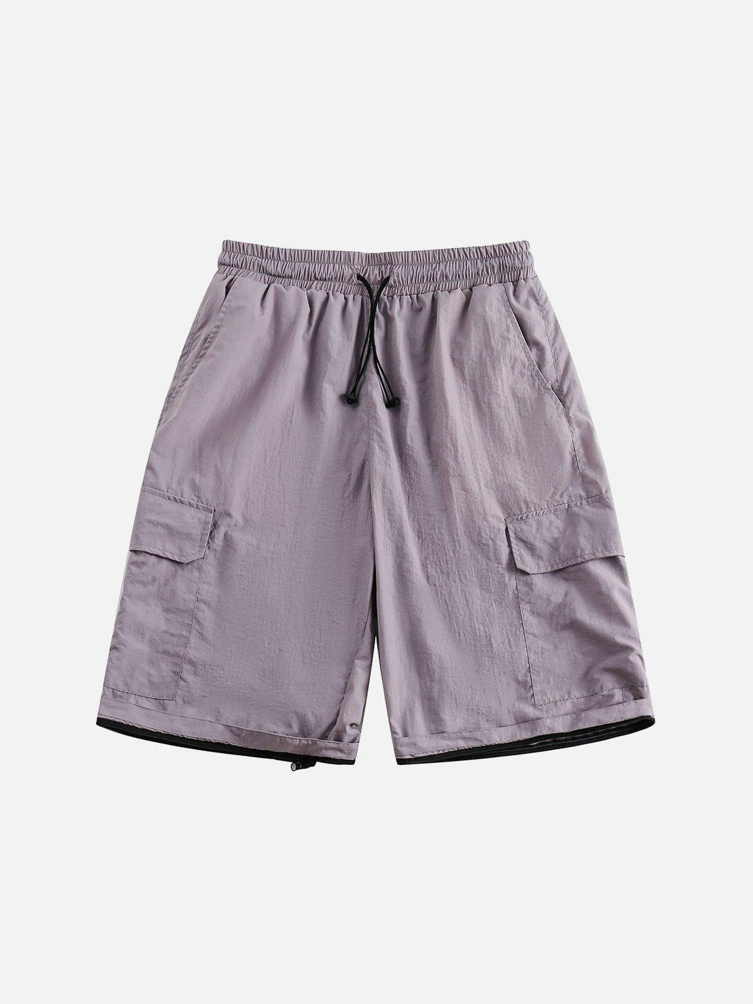 Front view of TALISHKO gray detachable shorts with cargo pockets and an adjustable drawstring.