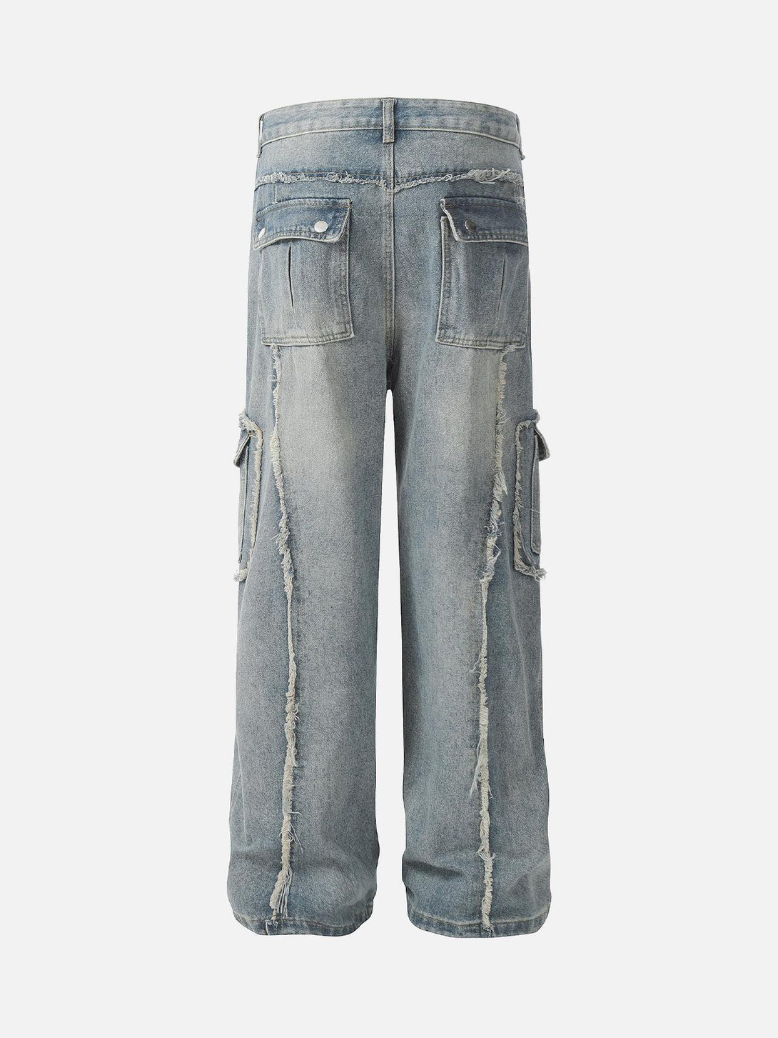 Rear view of distressed cargo jeans by TALISHKO, showcasing raw edges and multiple pockets.