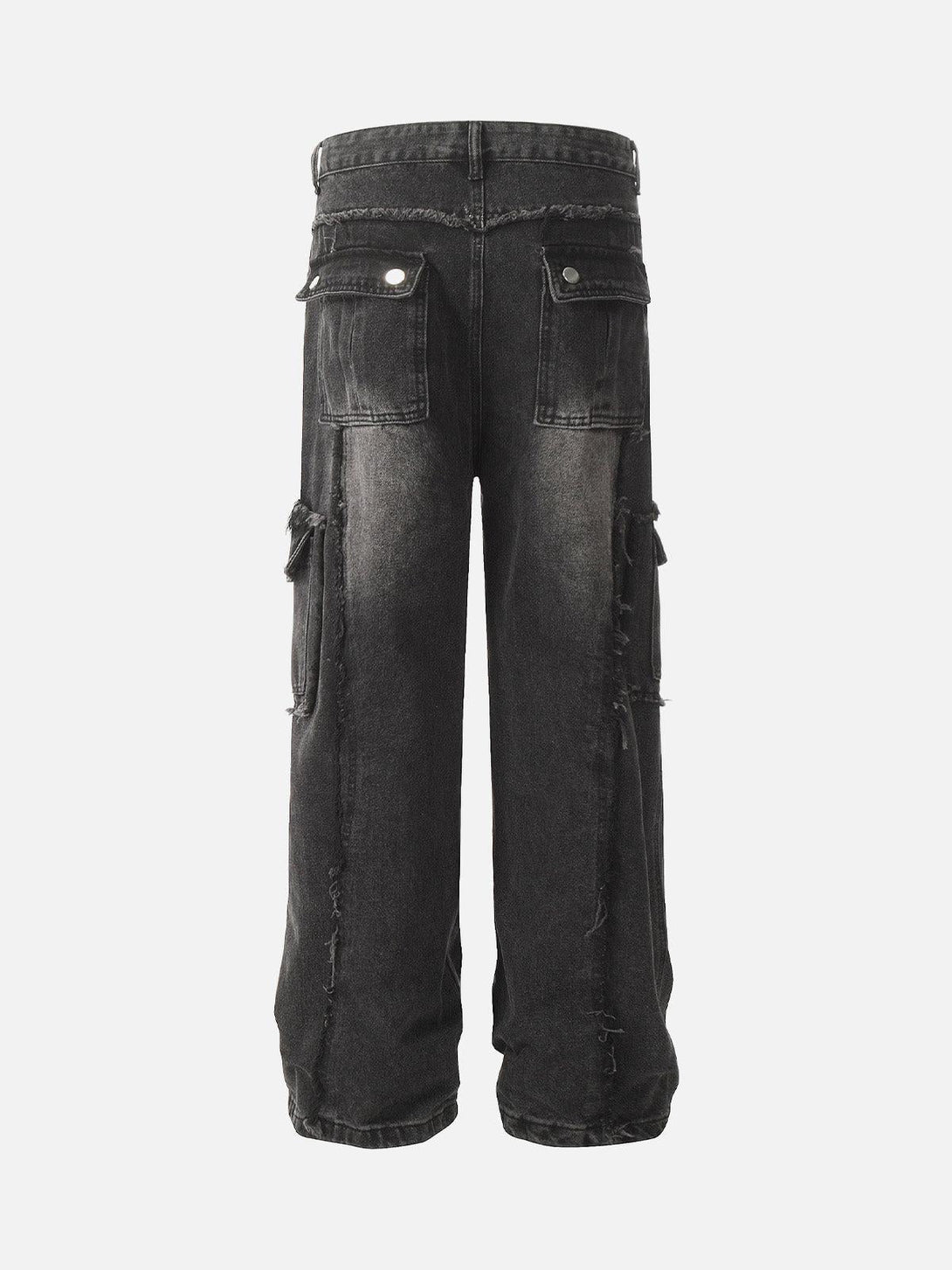 Rear view of TALISHKO black distressed cargo jeans with raw edges and multiple pockets.