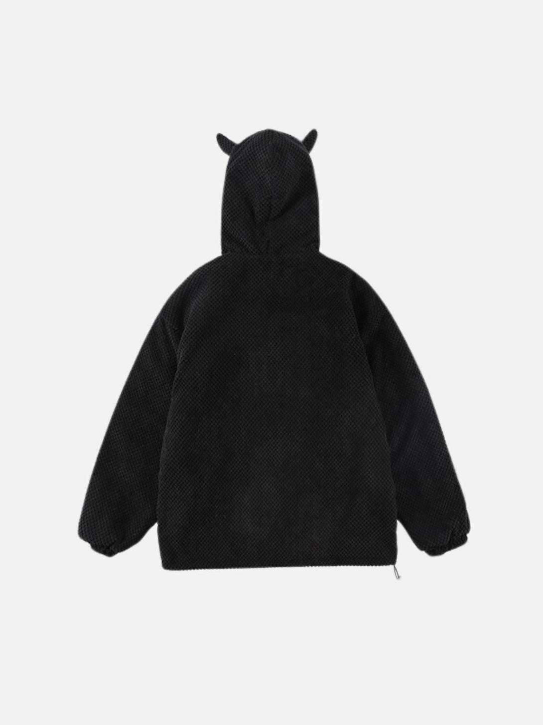 Back view of a black Devil Hood Jacket by TALISHKO, highlighting fun horn details for a playful look.