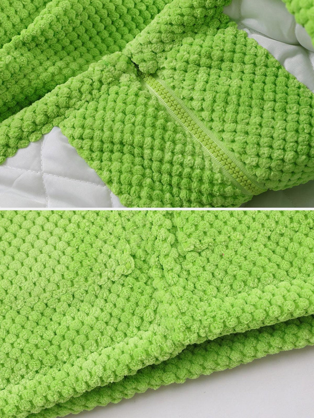 Intricate look at the textured green fabric of the Devil Hood Jacket by TALISHKO.