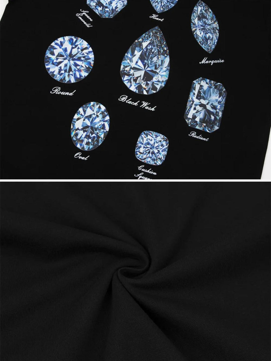 Intricate look at diamond cut designs on a black tee, highlighting TALISHKO's stylish details.