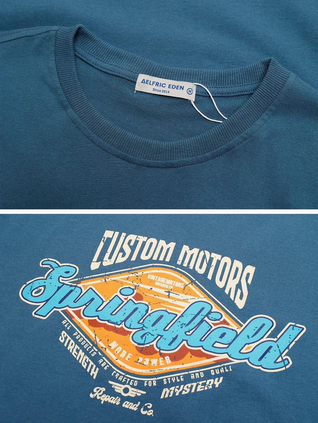 Close-up of a blue TALISHKO graphic tee, highlighting its vibrant "Springfield" design.