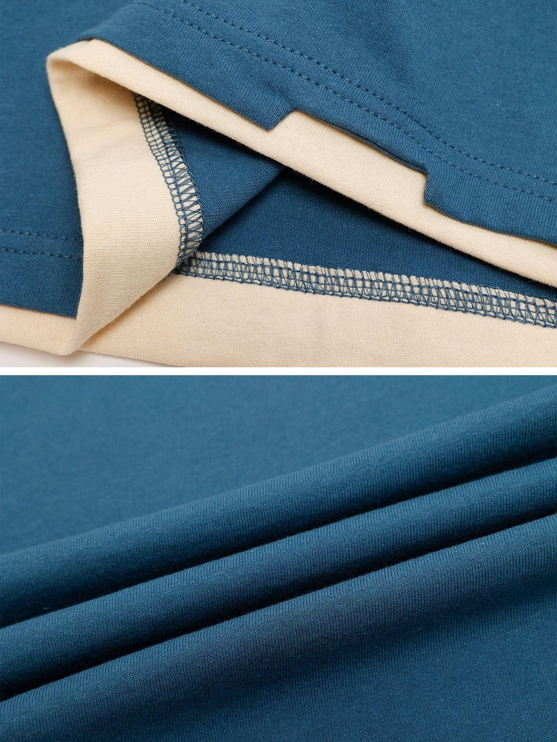 Detailed fabric and stitching of a blue TALISHKO graphic tee, showcasing quality craftsmanship.