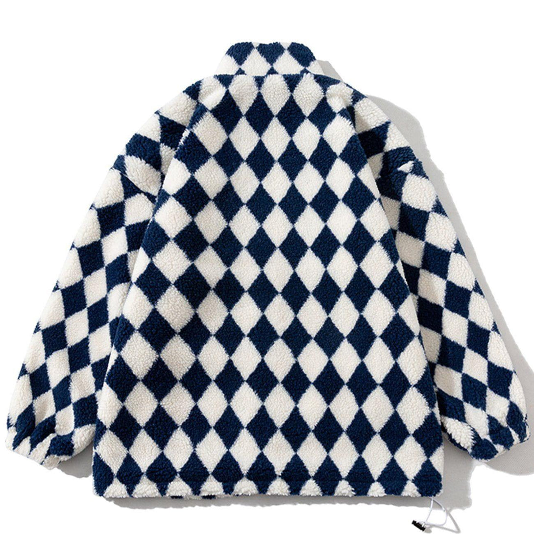 Back view of TALISHKO sherpa coat in black and white diamond pattern, showcasing cozy style.