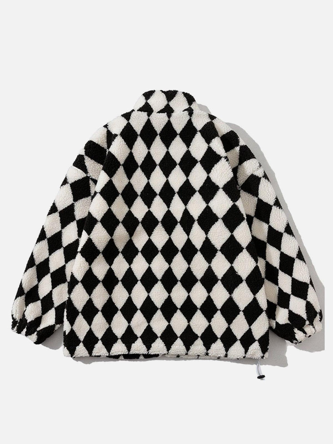 Back view of black and white diamond pattern sherpa coat by TALISHKO, ideal for winter style.