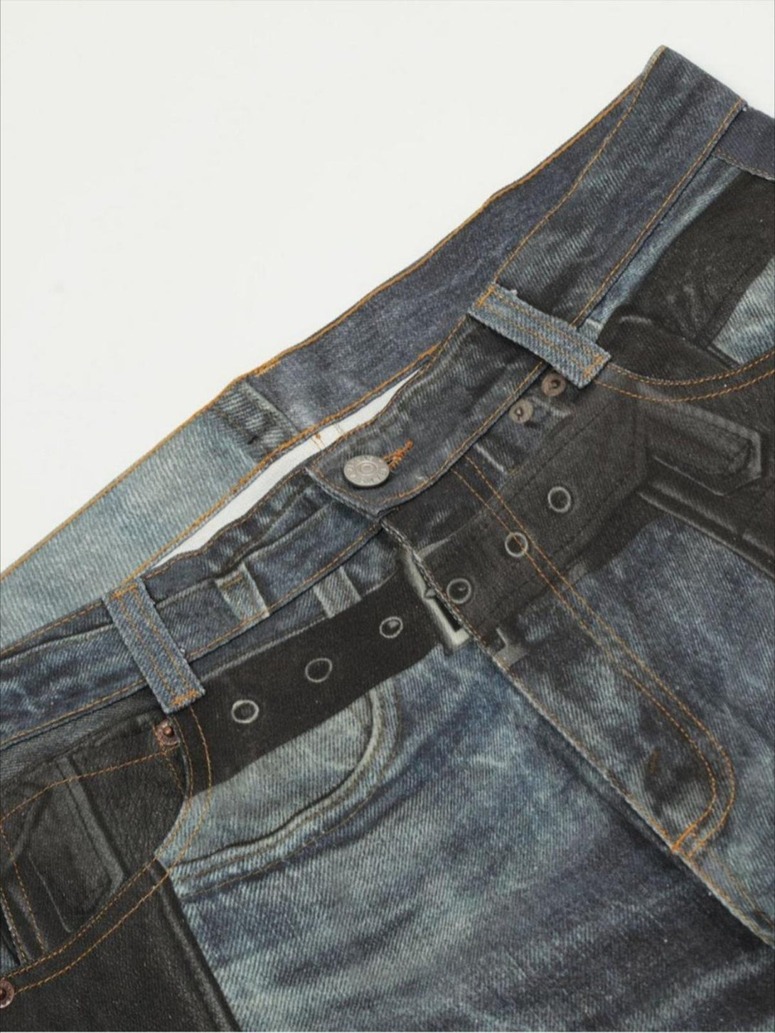 A detailed view of TALISHKO's digital 3D printed jeans, highlighting unique stitching and texture.