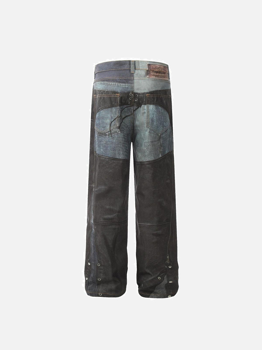 Back view of TALISHKO digital 3D printed jeans, featuring a unique patchwork design.