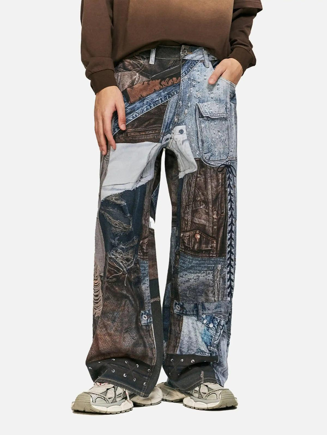 Model in TALISHKO digital printed faux panel jeans, showcasing unique patchwork design.