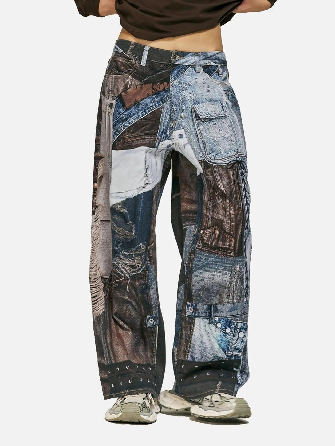 Model displays TALISHKO digital printed faux panel jeans, highlighting patchwork style.