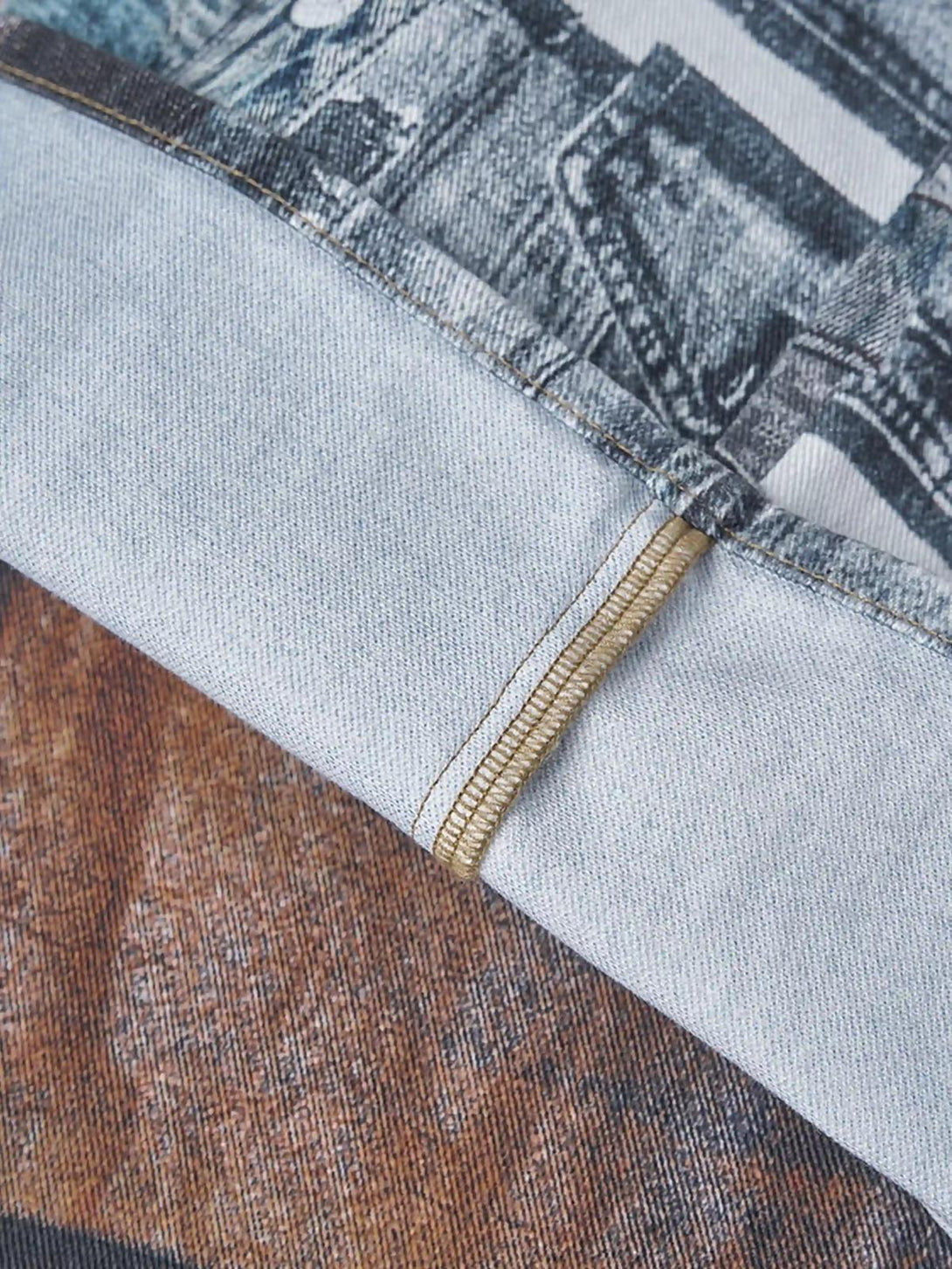 Detailed fabric and stitching of TALISHKO faux panel jeans, highlighting digital print design.