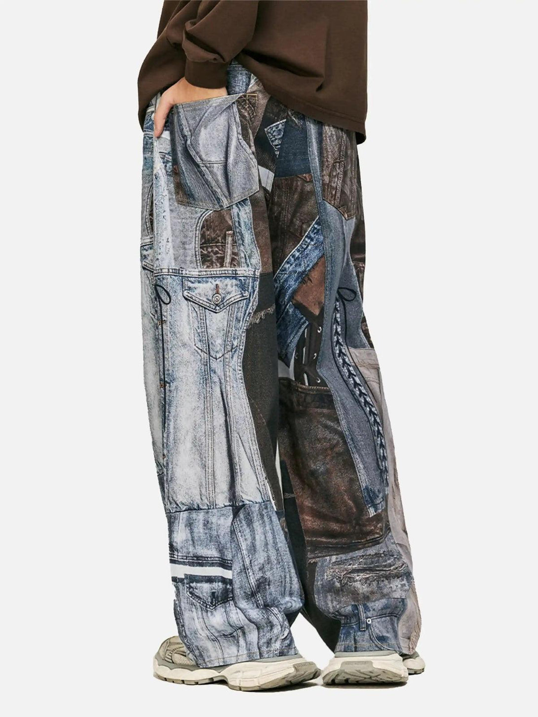 Model side view in TALISHKO faux panel jeans with digital print and relaxed fit.