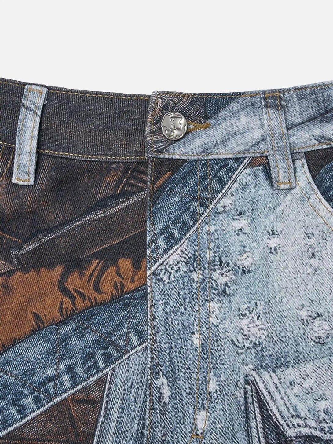 Intricate look at TALISHKO's digital printed faux panel jeans, highlighting textured details.