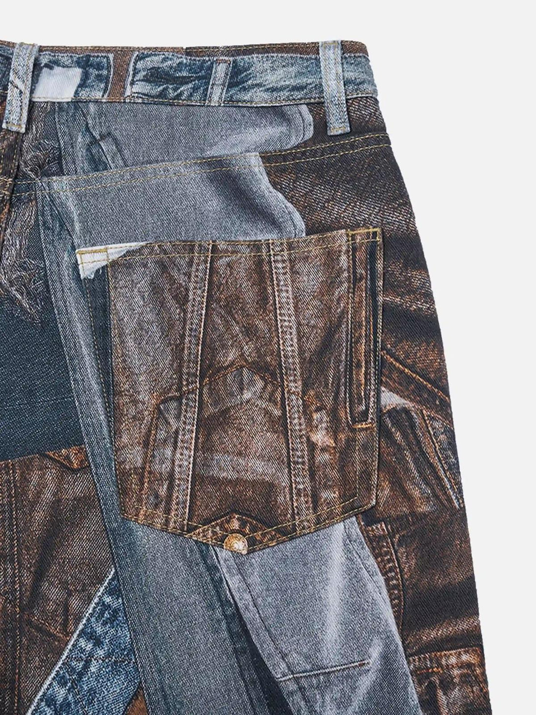 A detailed view of TALISHKO's faux panel jeans, highlighting the digital patchwork design.