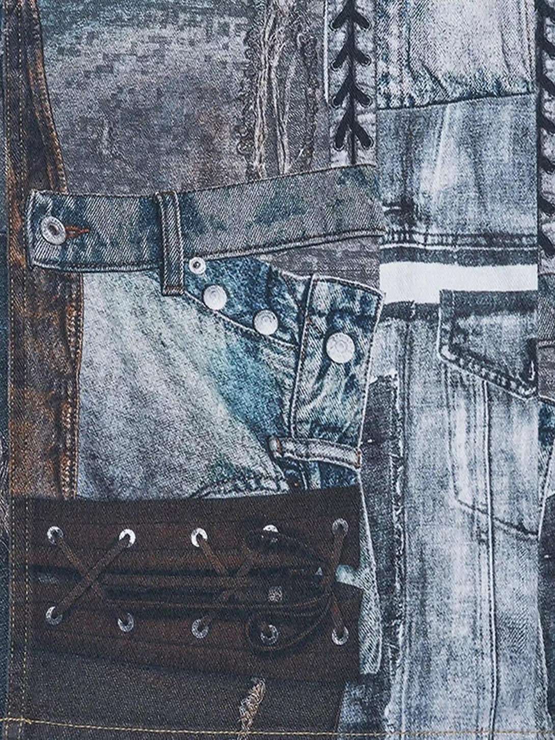 Intricate patchwork design on TALISHKO jeans, highlighting textured digital print details.