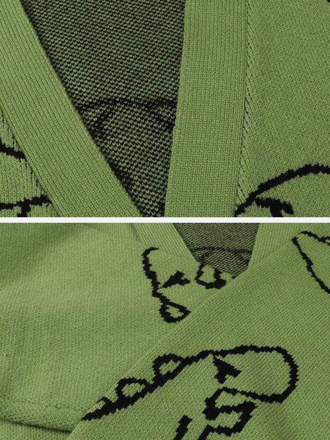 Intricate look at a green knit cardigan by TALISHKO, showcasing playful dinosaur patterns.