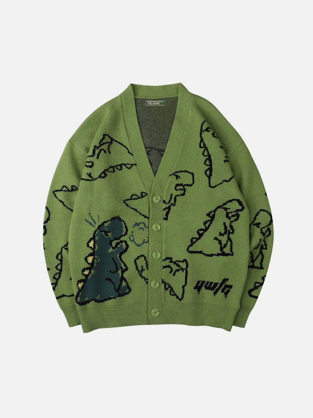 Green dinosaur-patterned knit cardigan by TALISHKO, featuring playful cartoon designs.