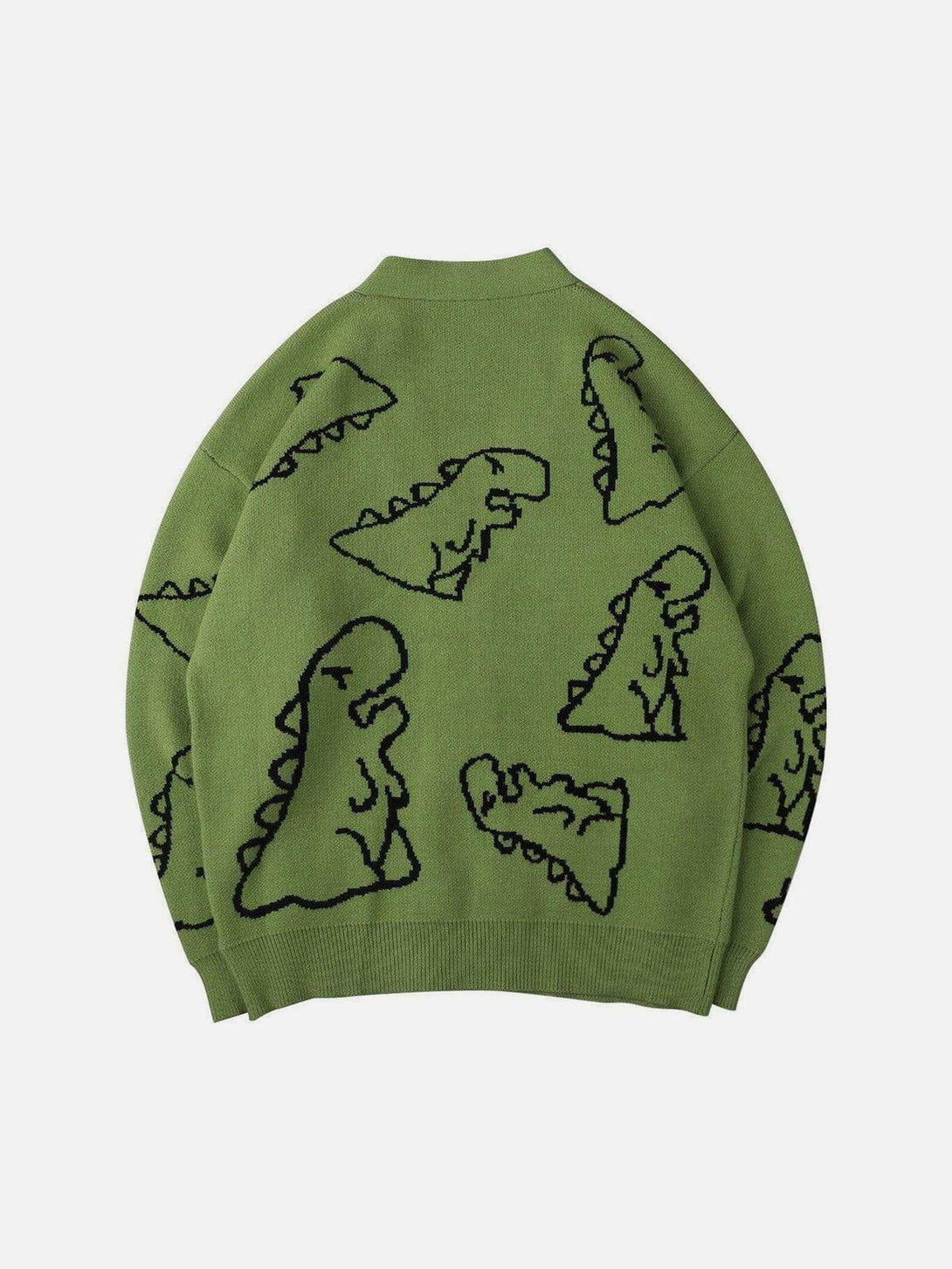 Back view of a green knit cardigan by TALISHKO, featuring playful dinosaur cartoon patterns.