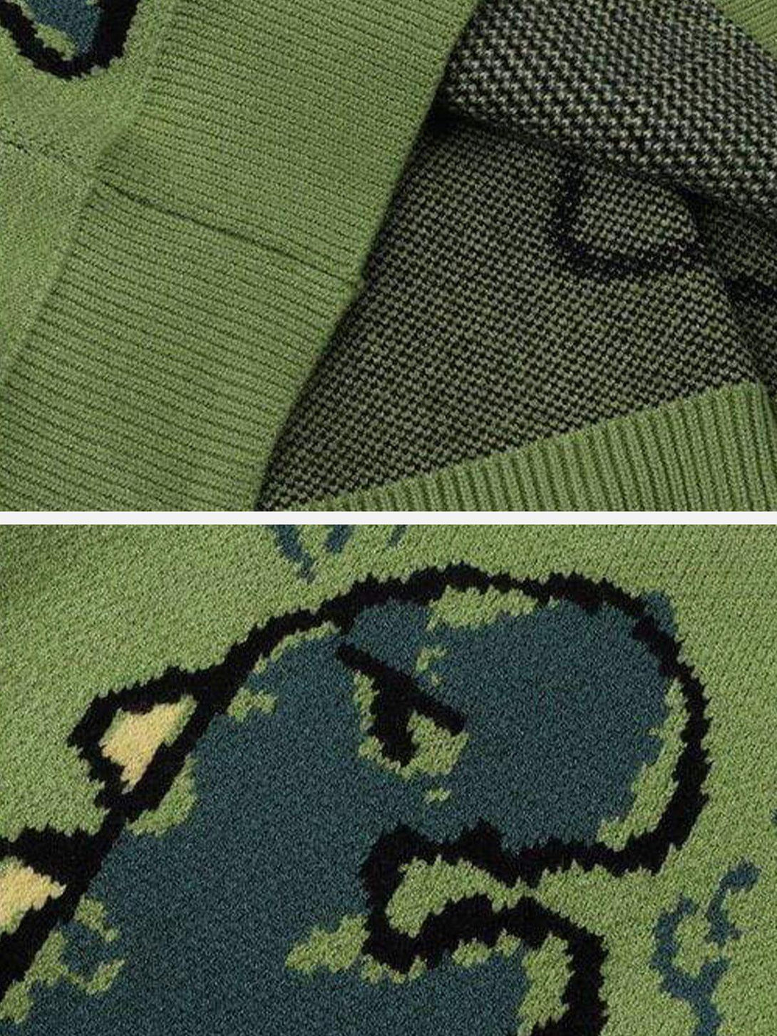 Detailed fabric and stitching of a TALISHKO knit cardigan, highlighting dinosaur cartoon patterns.