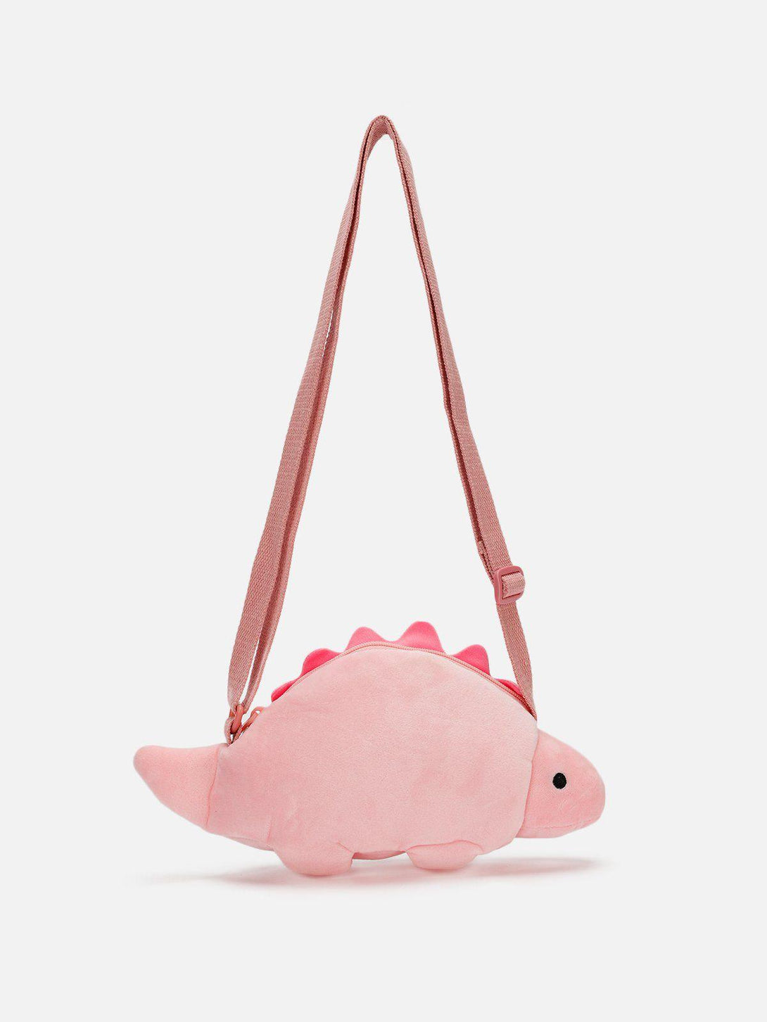 A whimsical pink dinosaur crossbody bag by TALISHKO, side view with adjustable strap.