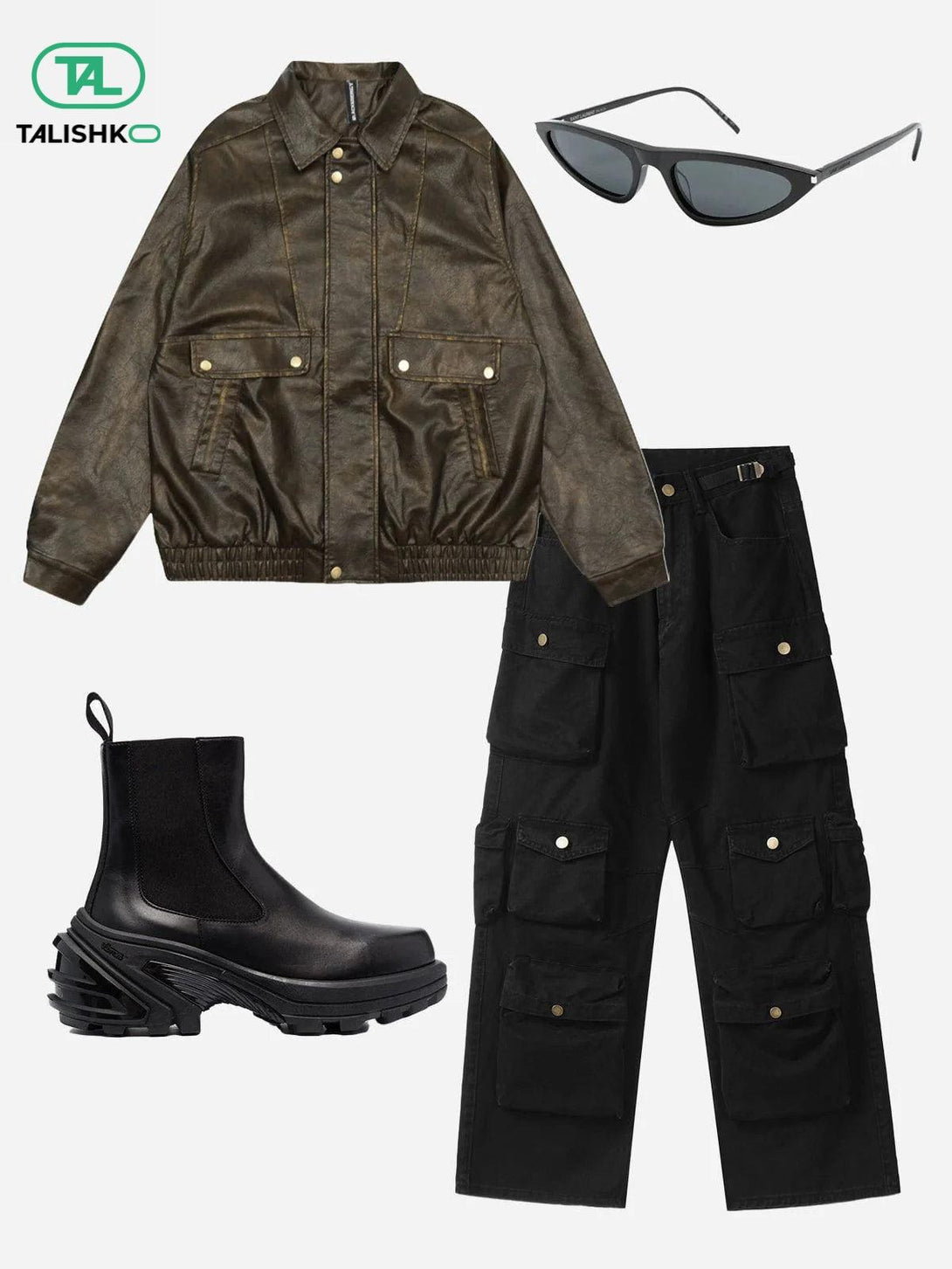 TALISHKO ensemble featuring a faux leather jacket, cargo pants, boots, and sleek sunglasses.