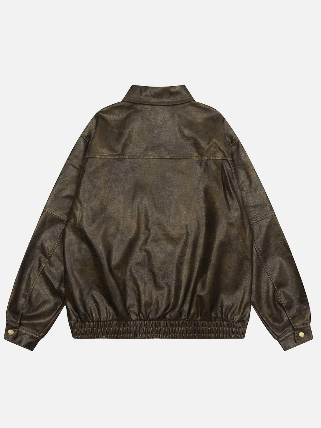 Back view of TALISHKO dip-dye washed faux leather jacket highlighting its relaxed silhouette.