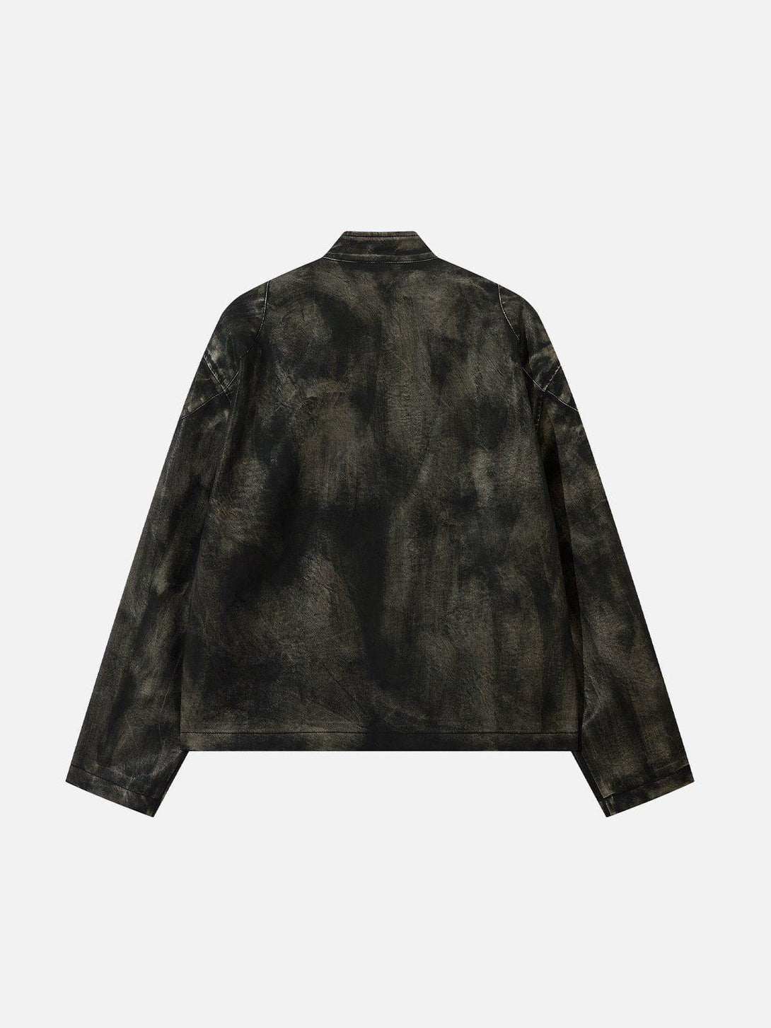 Back view of TALISHKO's dirt-colored faux leather jacket, showcasing a unique distressed design.