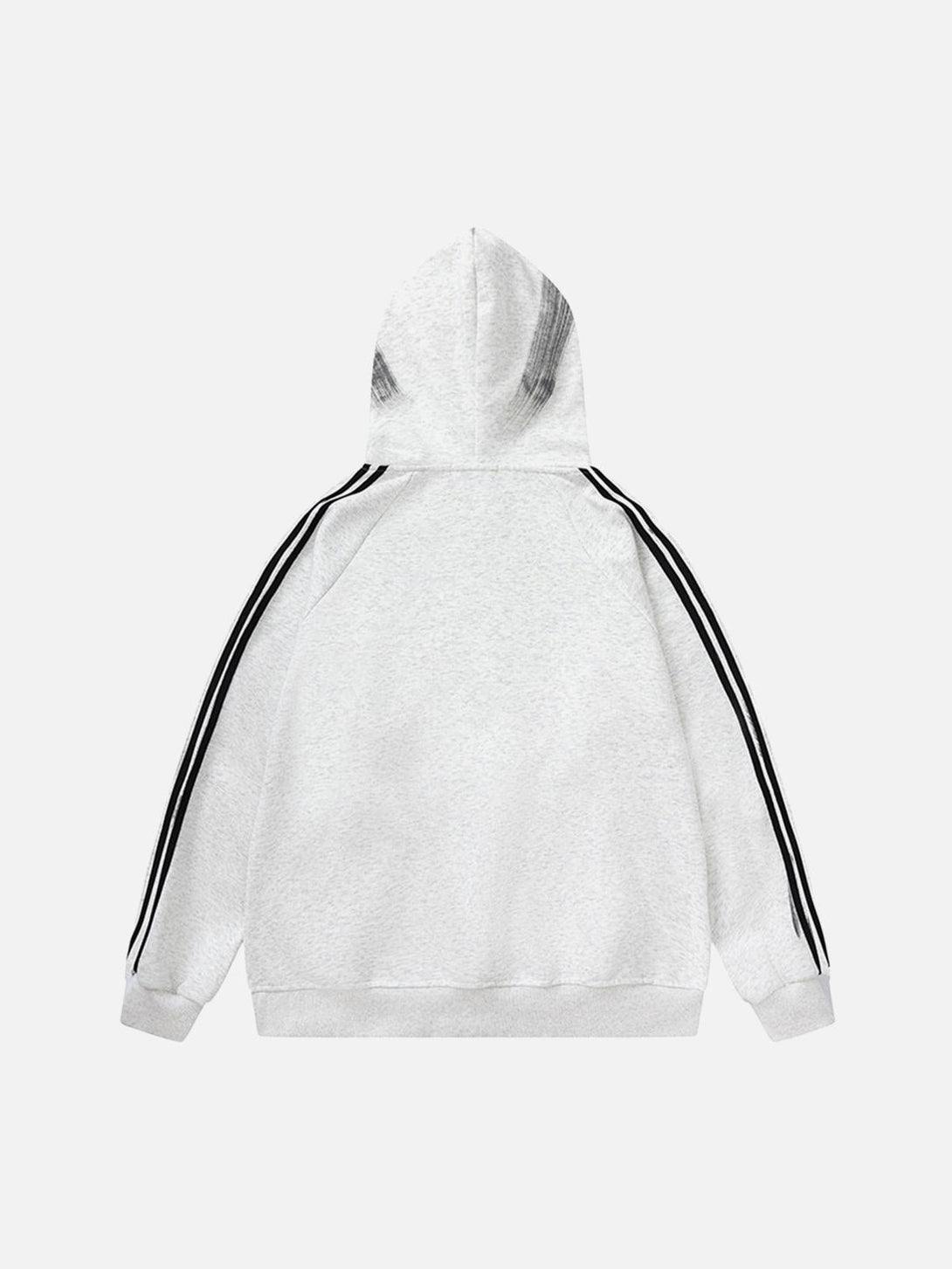 Back view of a white TALISHKO graffiti hoodie with bold black stripes along the sleeves.