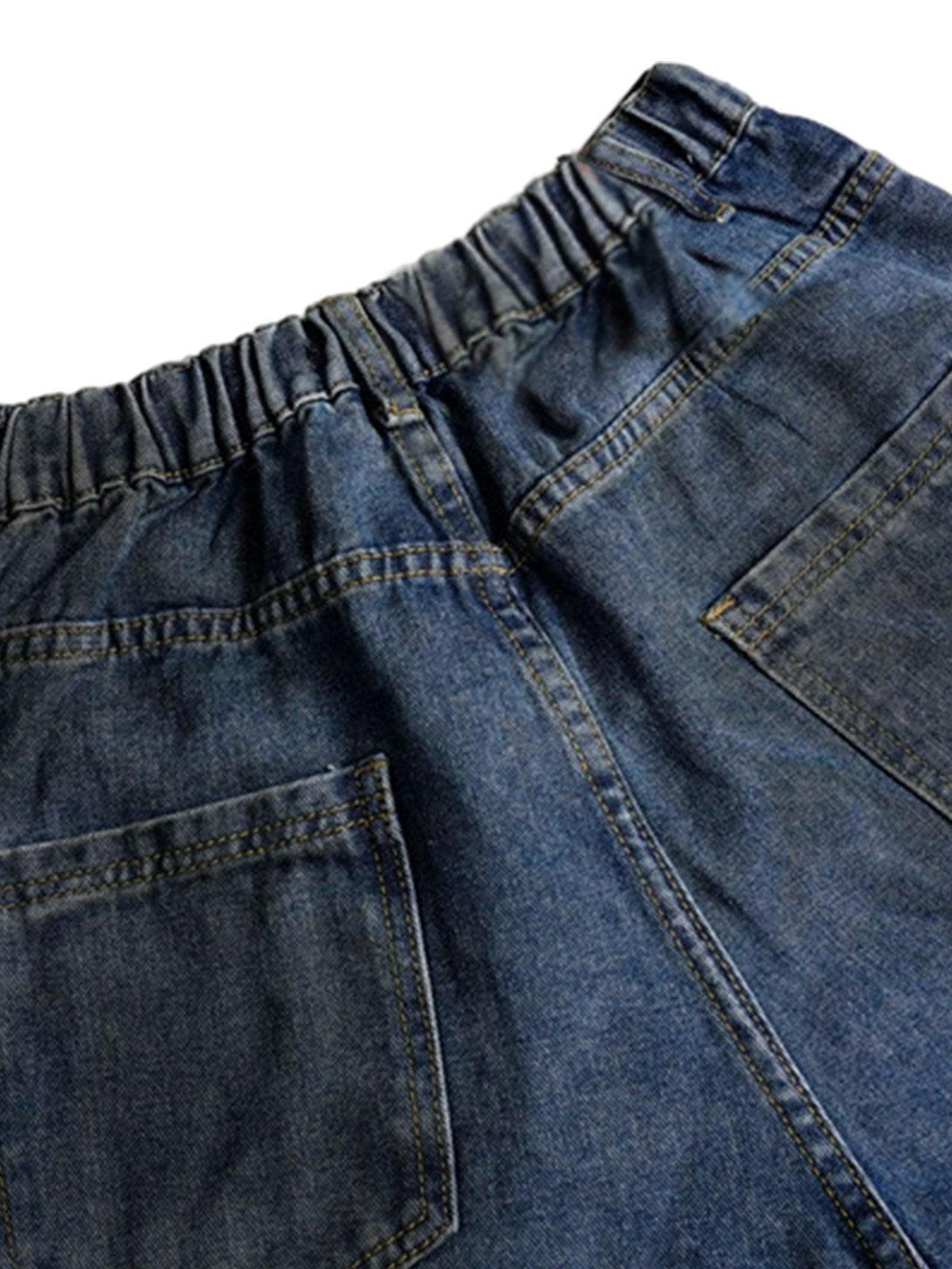 Elastic waistband detail of TALISHKO baggy barrel jeans, showcasing casual comfort.