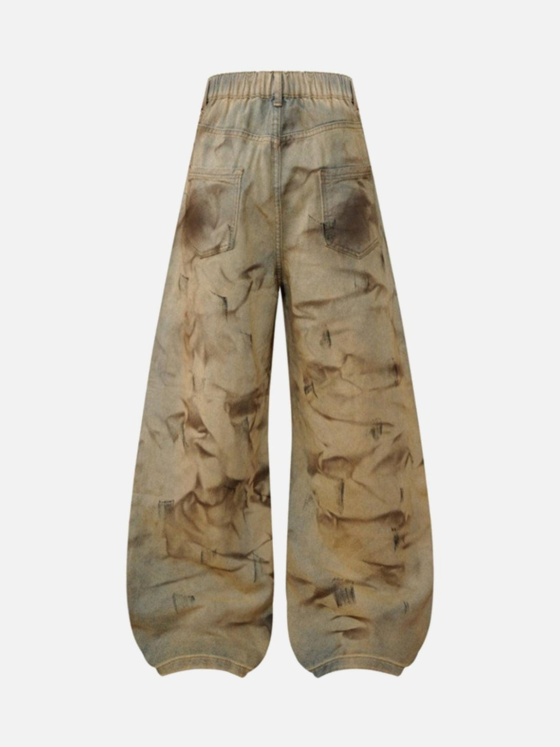 Back view of TALISHKO Dirty Dye Baggy Barrel Jeans, emphasizing their relaxed, artistic style.