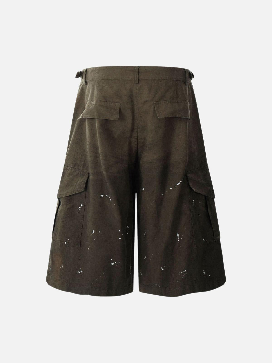 Back view of TALISHKO distressed cargo jorts, highlighting a unique paint-splatter design.