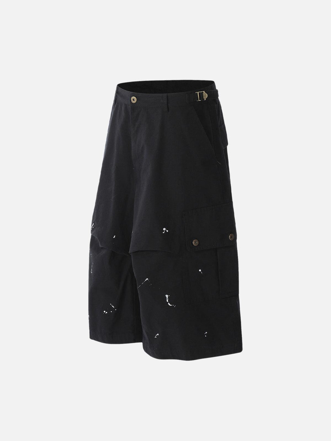 Side view of black distressed cargo jorts by TALISHKO with unique dye details and casual style.