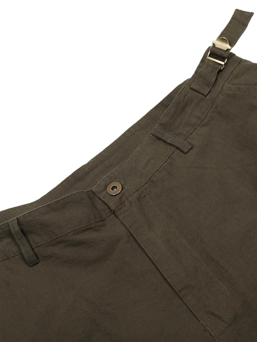 Intricate look at TALISHKO distressed cargo jorts with detailed buckle and stitching design.