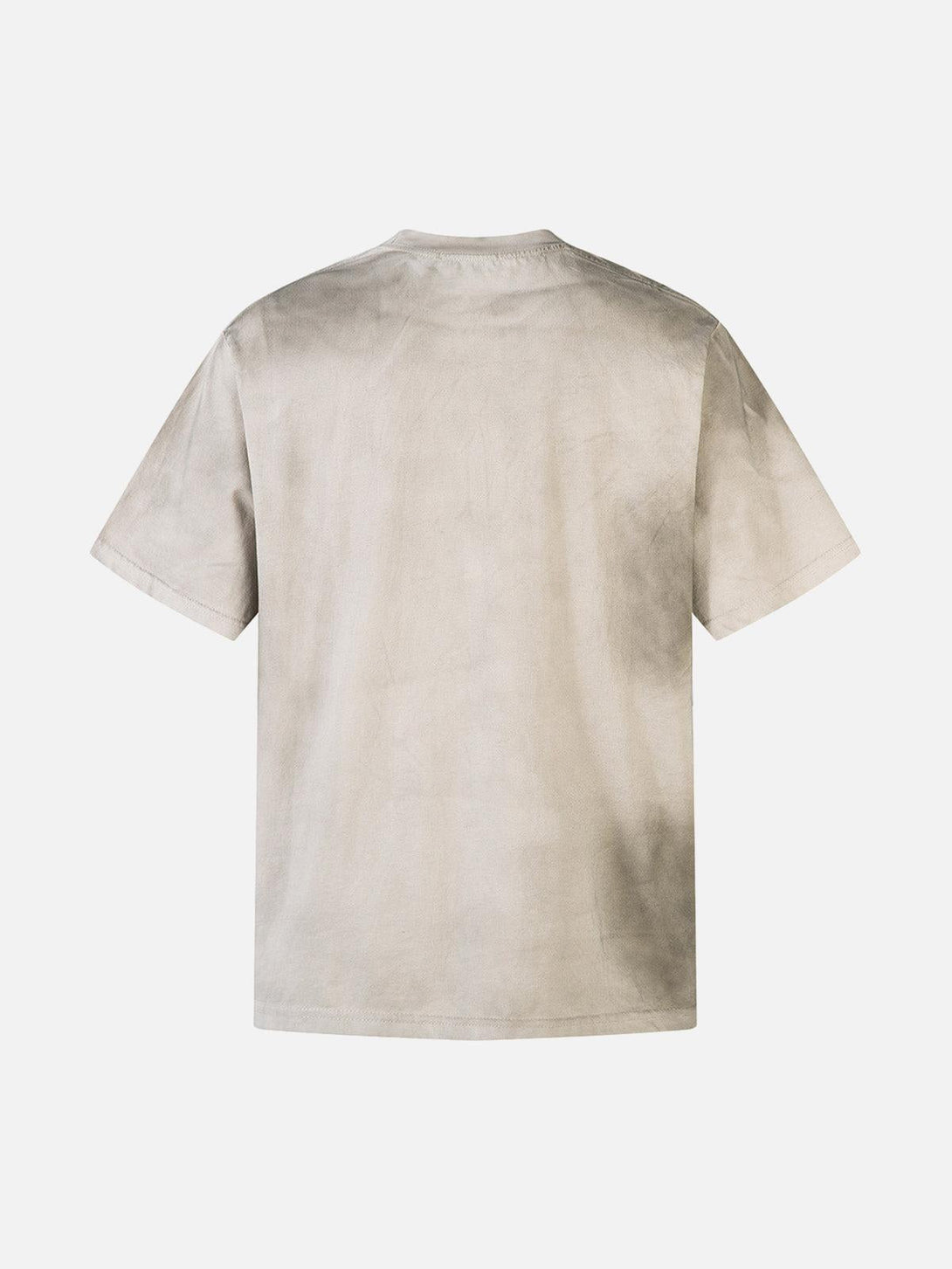 Back view of a dirty-dyed washed crew neck T-shirt by TALISHKO, showcasing casual style.