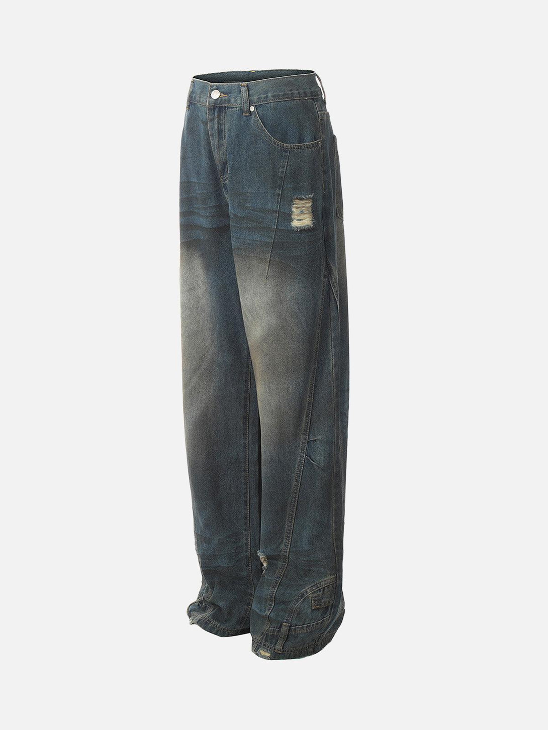 Side view of TALISHKO's distressed straight jeans, highlighting the unique washed texture.