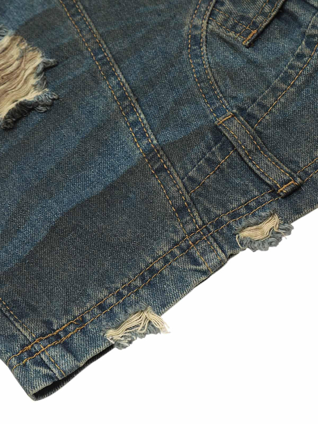 Zoomed-in texture of TALISHKO's jeans, focusing on distressed denim and unique stitching.